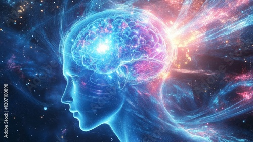 A woman's brain is shown in a blue and purple color scheme