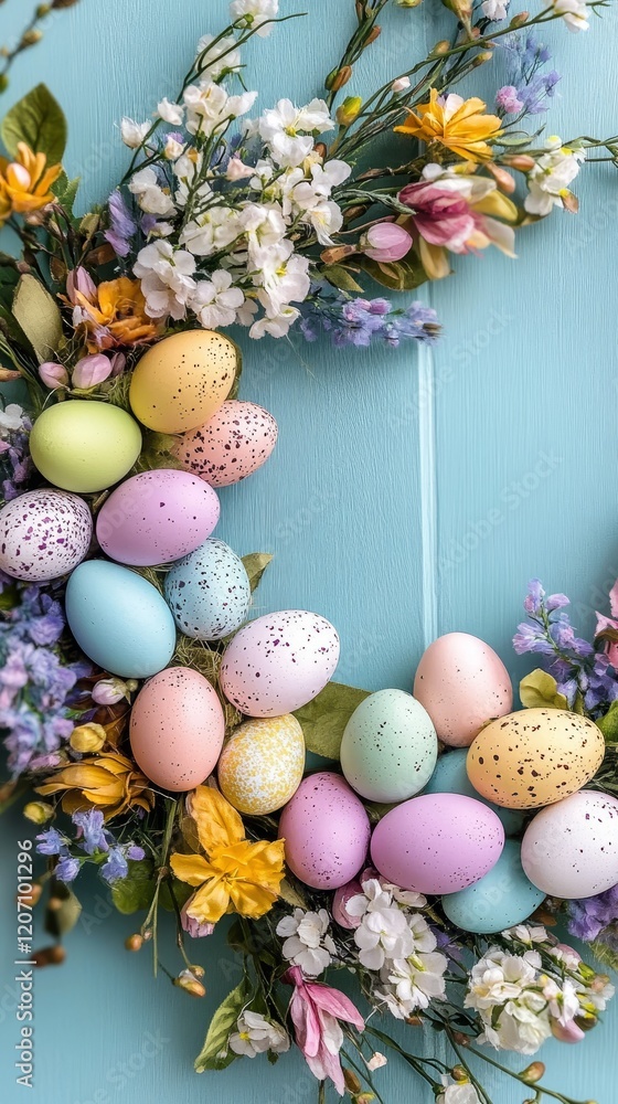 Decorative easter wreath with eggs and spring flowers. Vertical background Decorative easter wreath with eggs and spring flowers. Vertical background