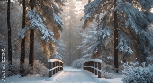 Snowy Footbridge in Winter Wonderland Surrounded by Fir Trees and Gentle Snowfall Creating a Magical and Serene Atmosphere for Holiday Spirit. photo