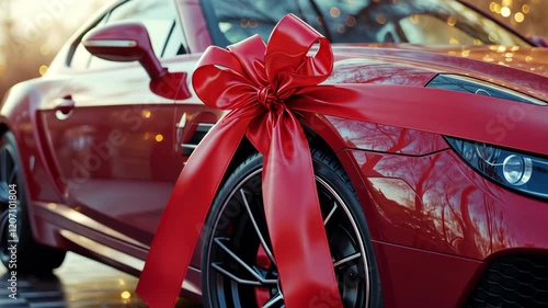 Red car with a red bow on it. The bow is tied to the car's rear bumper
