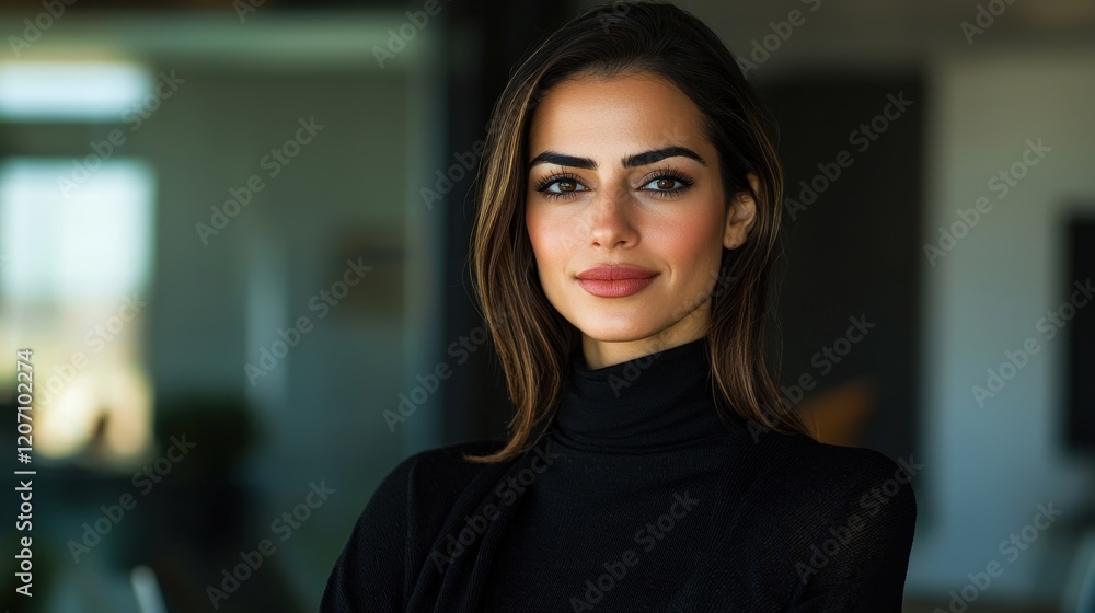 Confident young woman with long hair in stylish turtleneck standing in modern interior setting Confident young woman with long hair in stylish turtleneck standing in modern interior setting