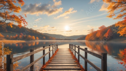 Serene autumnal landscape featuring a wooden footbridge over a tranquil lake reflecting vibrant fall foliage under a sunlit sky photo