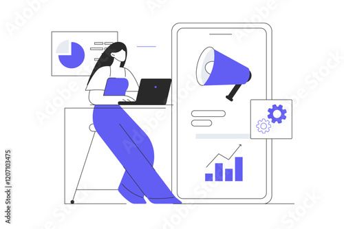 Mobile marketing concept. Advertising content creation, blog promotional materials phone screen. Flat Cartoon Vector Illustration, icon. Stylish abstract 