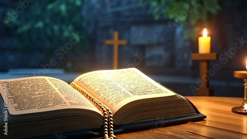 Book is open to a page with a cross on it. A necklace is on the page