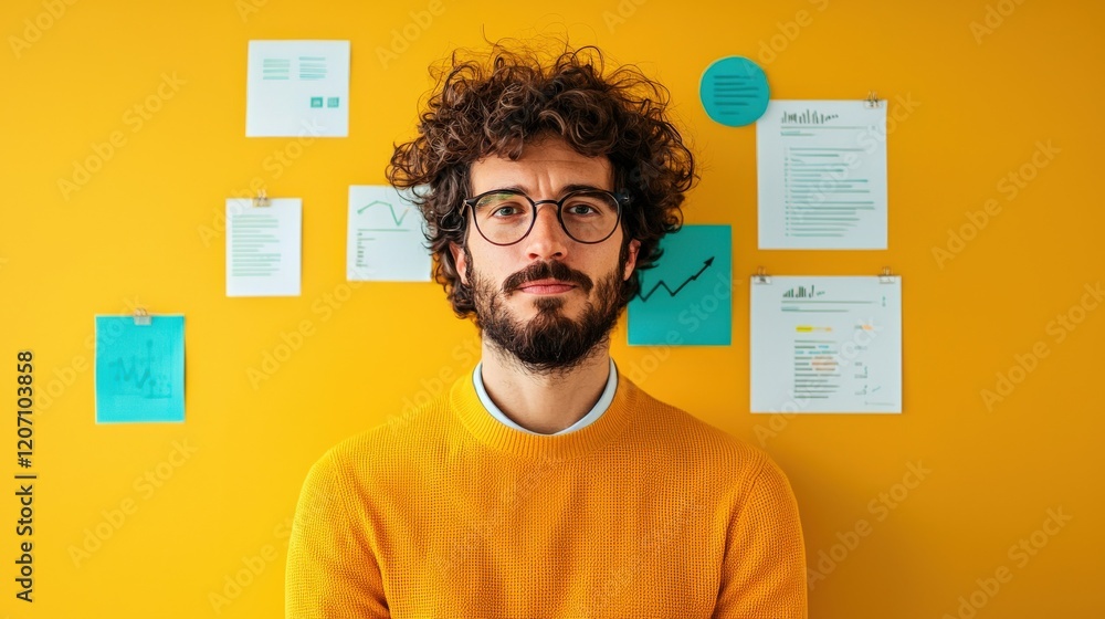 Young man with curly hair and glasses in front of vibrant yellow wall showcasing creative workspace and charts Young man with curly hair and glasses in front of vibrant yellow wall showcasing creative workspace and charts
