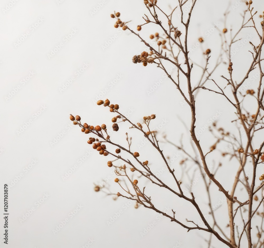Brown dried twig with seeds and open bolls on a white background, seasonal elements , twigs, autumn leaf Brown dried twig with seeds and open bolls on a white background, seasonal elements , twigs, autumn leaf