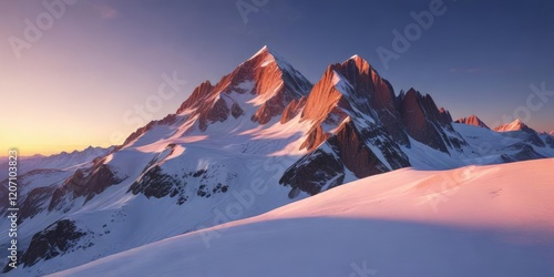 Alpenglow on snowy mountain under clear blue sky, golden hour, peaceful atmosphere, alpenglow photo