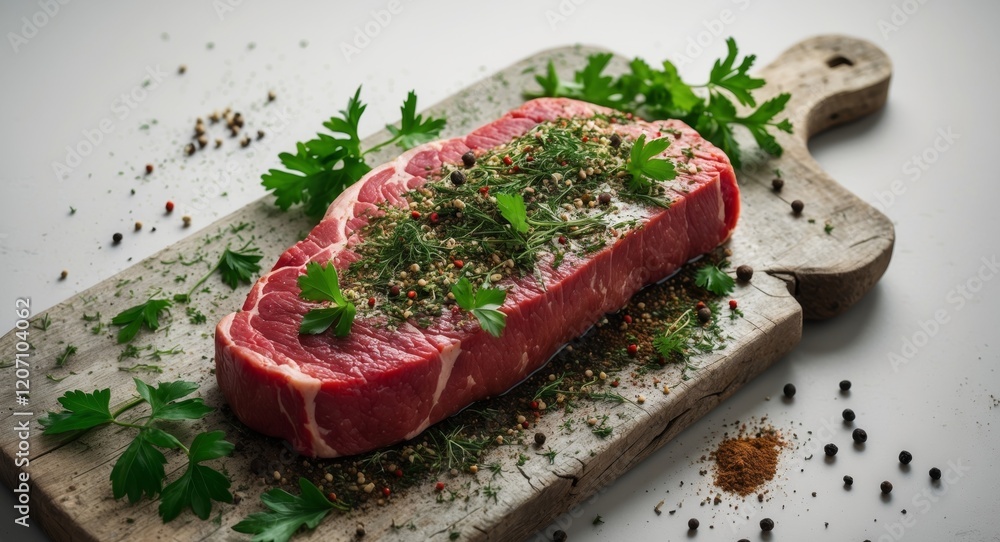 Raw Steak with Herbs and Spices on Wooden Cutting Board. Raw Steak with Herbs and Spices on Wooden Cutting Board.