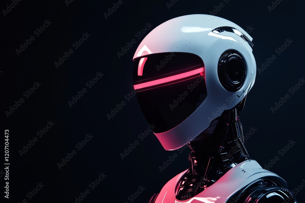 A robot with a white helmet and red lights on it A robot with a white helmet and red lights on it