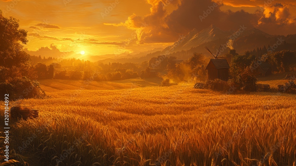 Fototapeta premium Sunset casting golden rays over golden wheat fields where harvesters toil to gather the season's bounty.