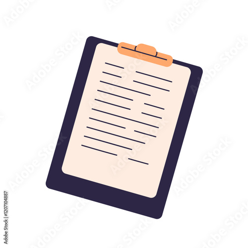 Clipboard with business paper. Document with text information attached to clip board, pad, holder. Office stationery for note writing, records. Flat vector illustration isolated on white background