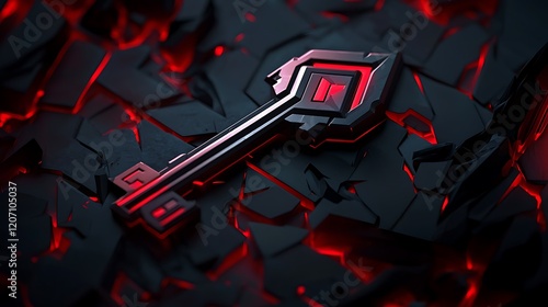 Red key on cracked dark surface, game concept art, website banner