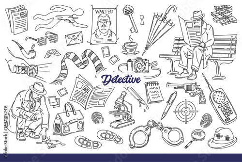 Detective investigating mysterious crime and looking for evidence pointing to culprit. Detective inscription near devices for obtaining facts about suspect who committed murder. Hand drawn.
