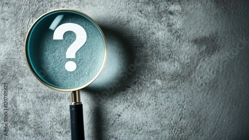 Magnifying glass is placed on a grey wall with a white question mark