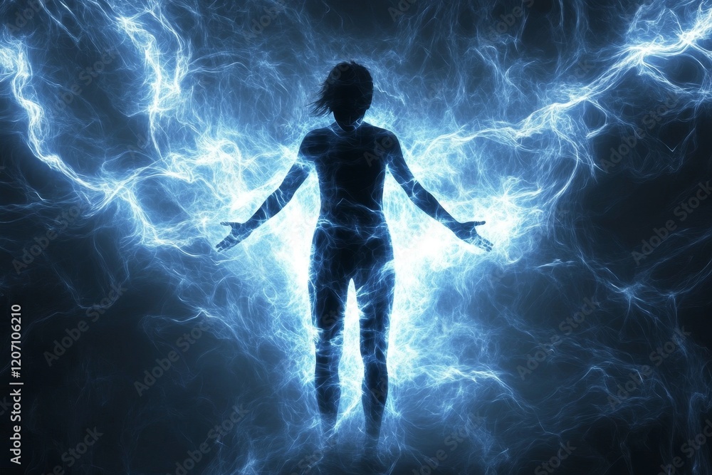Fototapeta premium Powerful Silhouette of Energy Surrounded by Blue Light Effects