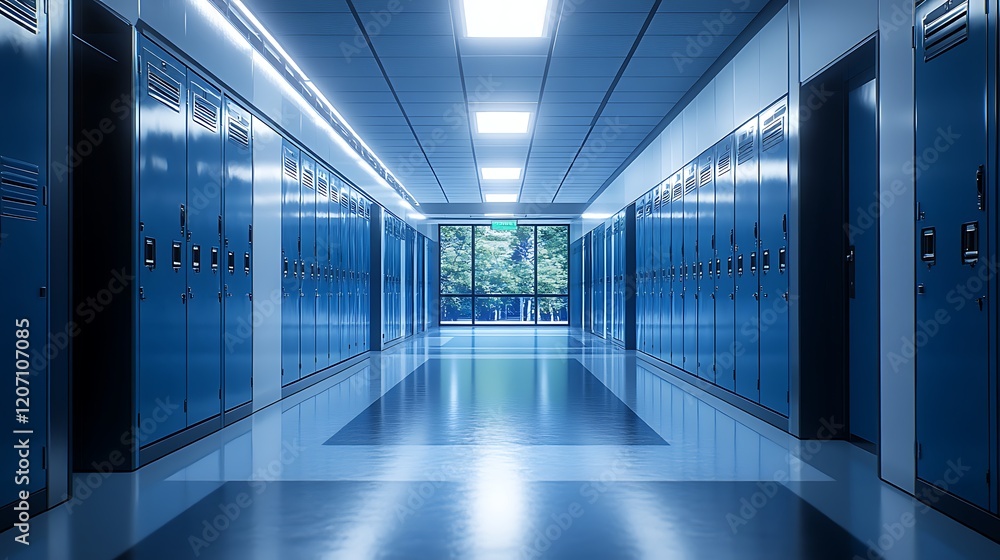 A long white school hallway with blue and black color background A long white school hallway with blue and black color background