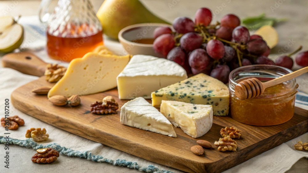 Aesthetic composition of various cheeses on a wooden board. Soft brie, sharp cheddar and blue cheese are combined with grapes, pears, nuts and honey. Aesthetic composition of various cheeses on a wooden board. Soft brie, sharp cheddar and blue cheese are combined with grapes, pears, nuts and honey.