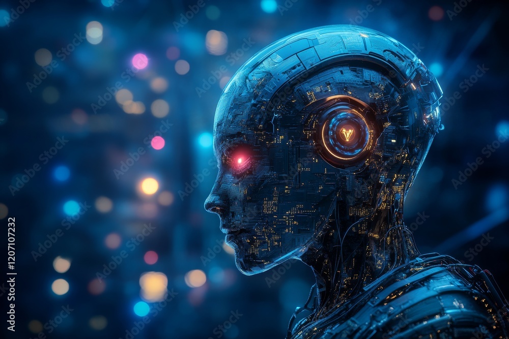 A robot with glowing red eyes and a metallic face A robot with glowing red eyes and a metallic face