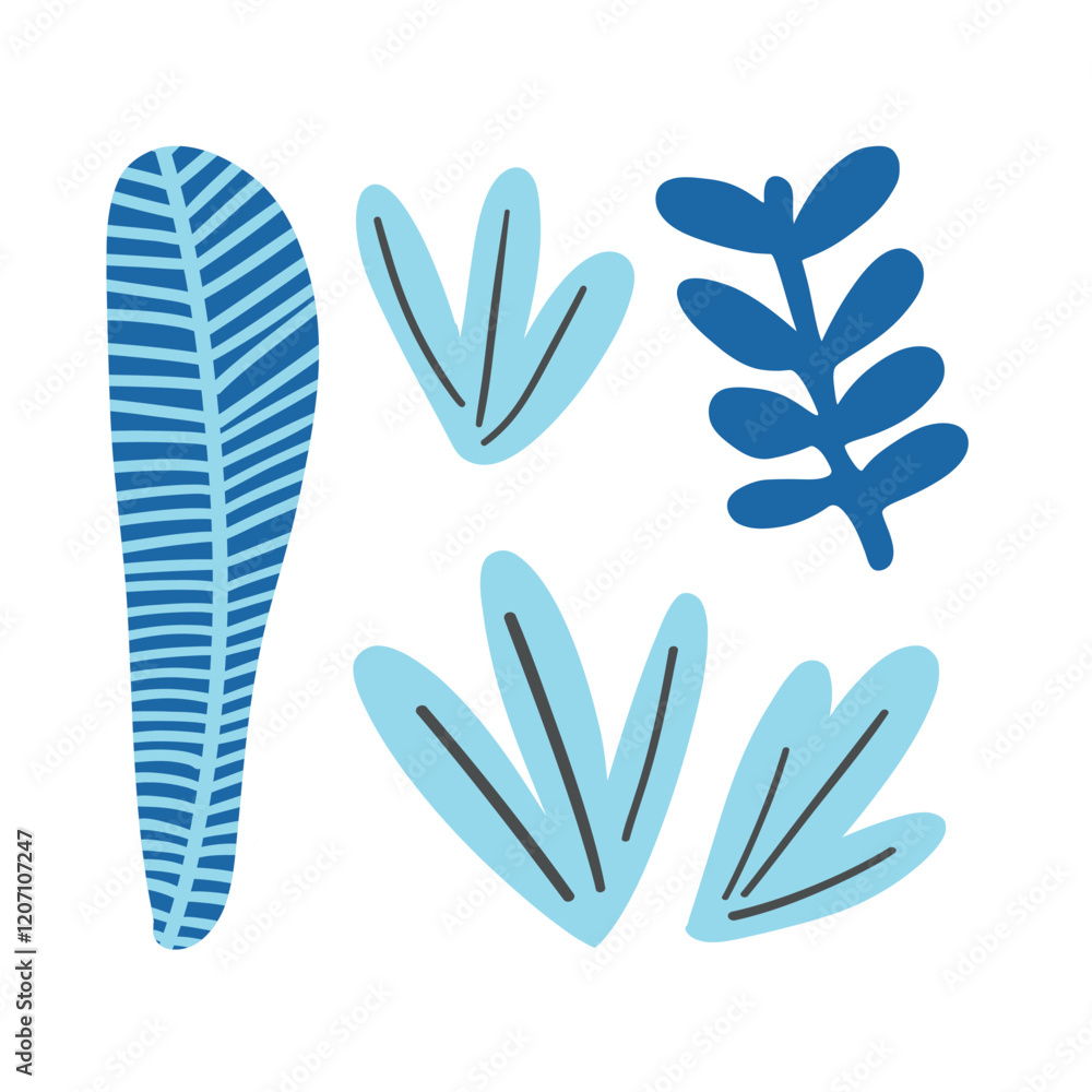 Blue and green leaf arrangement with soft, bold lines. A modern tropical design for eco-friendly, nature, and rainforest-inspired illustrations. Blue and green leaf arrangement with soft, bold lines. A modern tropical design for eco-friendly, nature, and rainforest-inspired illustrations.