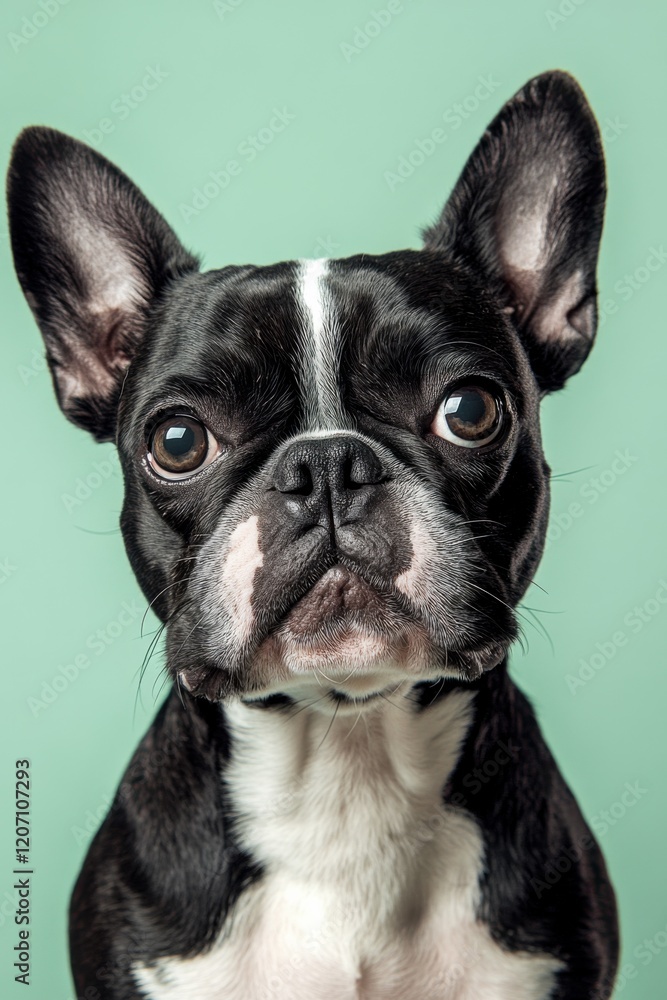 Comical close-up of a black and white dog with a skeptical expression and raised eyebrow against a light green vertical background Comical close-up of a black and white dog with a skeptical expression and raised eyebrow against a light green vertical background