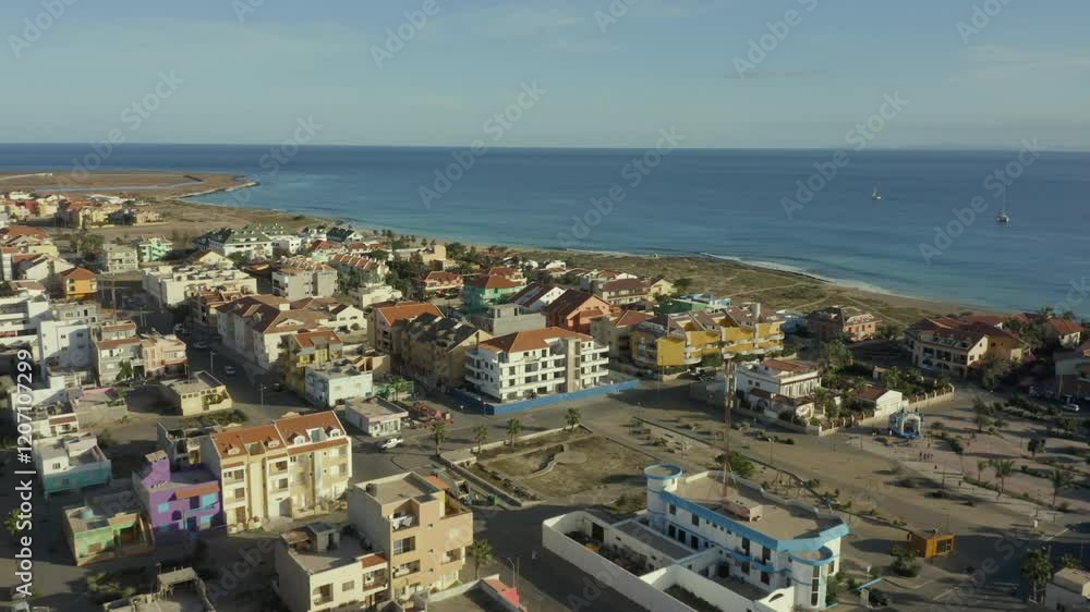 Pastel-colored Buildings Of Santa Maria Town In Sal Island, Cabo Verde, Africa. Aerial Drone Shot Pastel-colored Buildings Of Santa Maria Town In Sal Island, Cabo Verde, Africa. Aerial Drone Shot