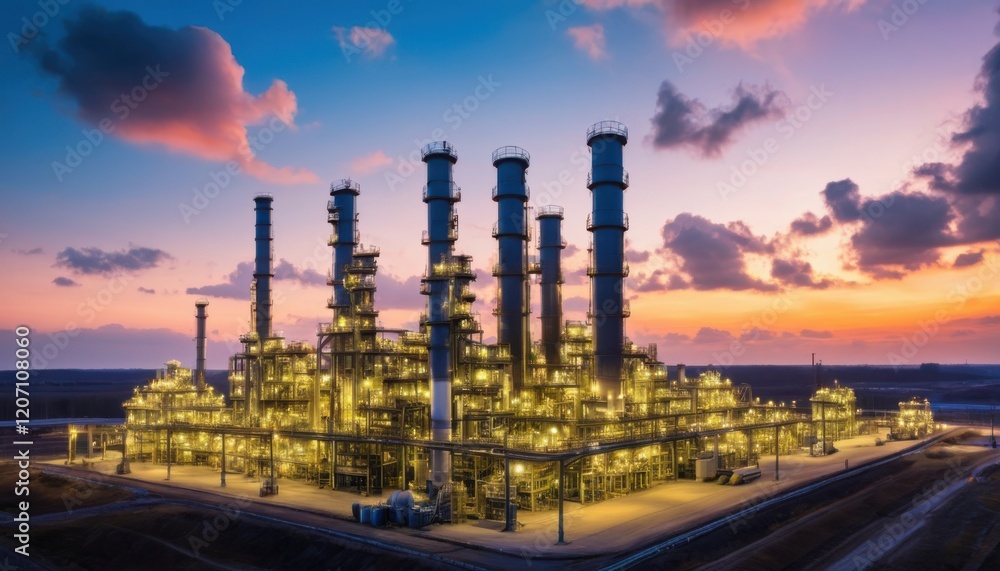 Fototapeta premium A large industrial plant with many tall towers and a sunset in the background