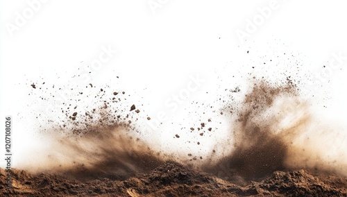 Brown dirt explosion isolated on white background.