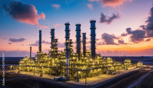 A large industrial plant with many tall towers and a sunset in the background