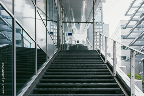 A beautifully designed staircase leads to higher levels, surrounded by glass walls that create a sense of openness and modernity in an urban setting. photo