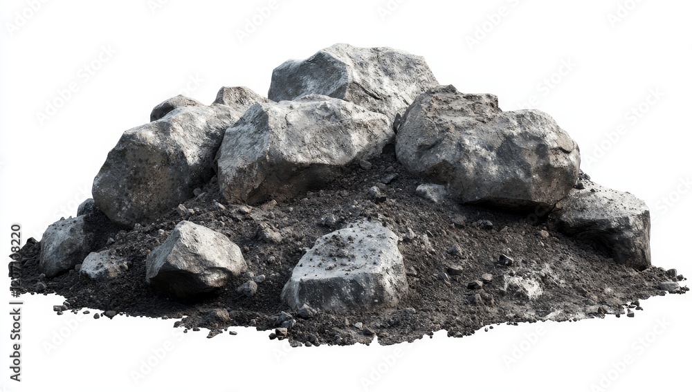 Fototapeta premium Pile of grey rocks and dark soil isolated on white background.
