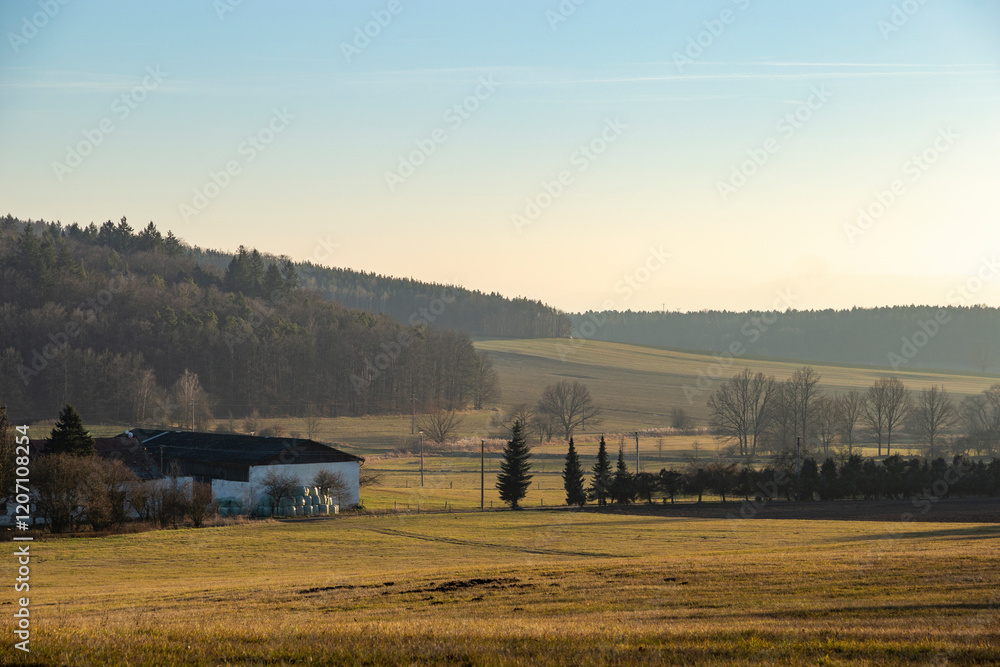 A rural landscape on an early spring evening.