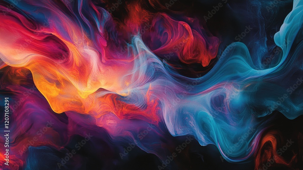 An abstract image of smoke in various vibrant colors swirling together, creating a fluid and artistic pattern against a dark background. An abstract image of smoke in various vibrant colors swirling together, creating a fluid and artistic pattern against a dark background.