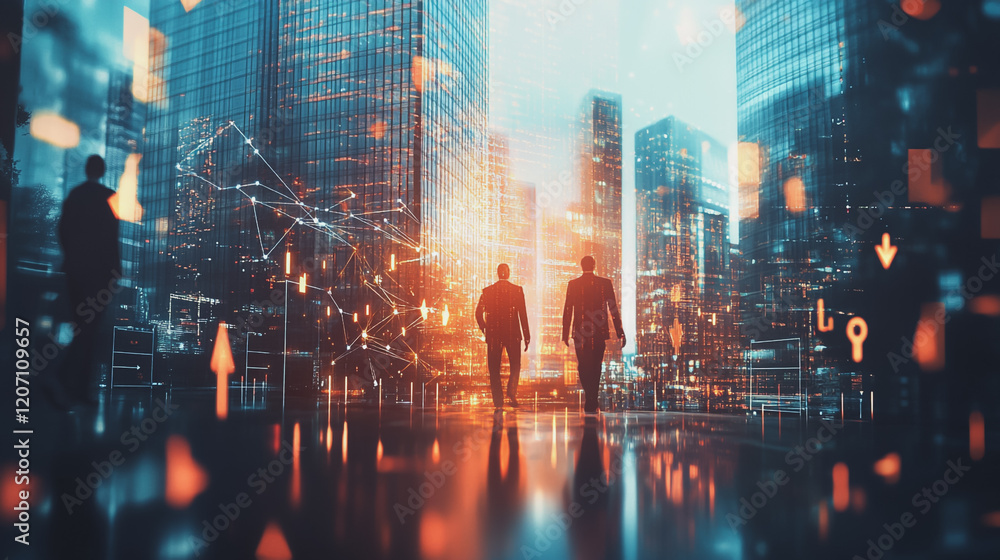 Obraz premium abstract professional business team people connection of line from nail node to node on Smart digital cityscap and skyline background , Innovation networking concept