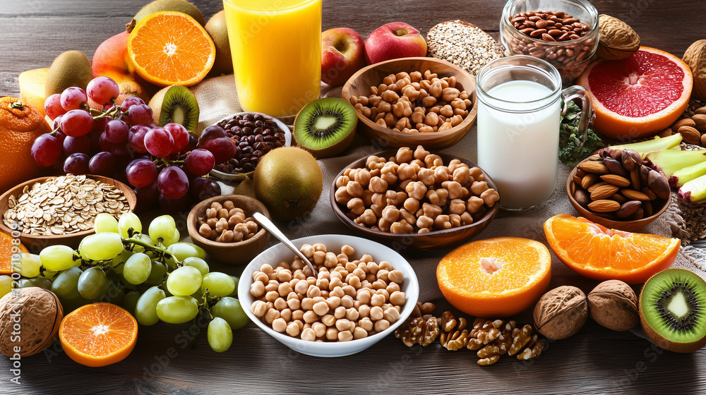 Wooden table with orange juice, milk, nuts, oranges, apples, grapes, almonds on the table. Wooden table with orange juice, milk, nuts, oranges, apples, grapes, almonds on the table.