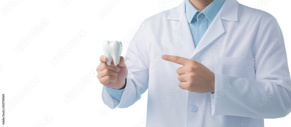 A person in a white coat is holding a dental model and pointing at it, illustrating dental education or consultation. A person in a white coat is holding a dental model and pointing at it, illustrating dental education or consultation.
