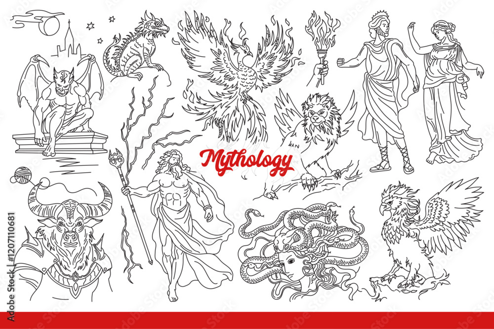 Fototapeta premium Ancient mythology about characters from ancient greek legends with magical skills. Mythology inscription near Zeus or Gorgon and Phoenix bird with devil sitting on earth. Hand drawn.