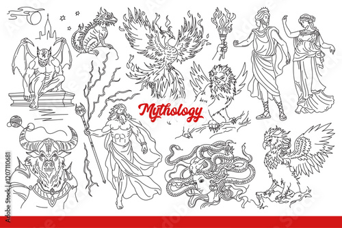 Ancient mythology about characters from ancient greek legends with magical skills. Mythology inscription near Zeus or Gorgon and Phoenix bird with devil sitting on earth. Hand drawn.