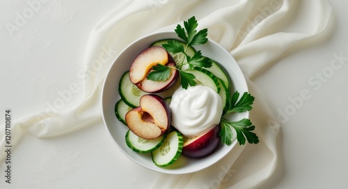 Plum and cucumber salad with yogurt dressing and parsley garnish. photo