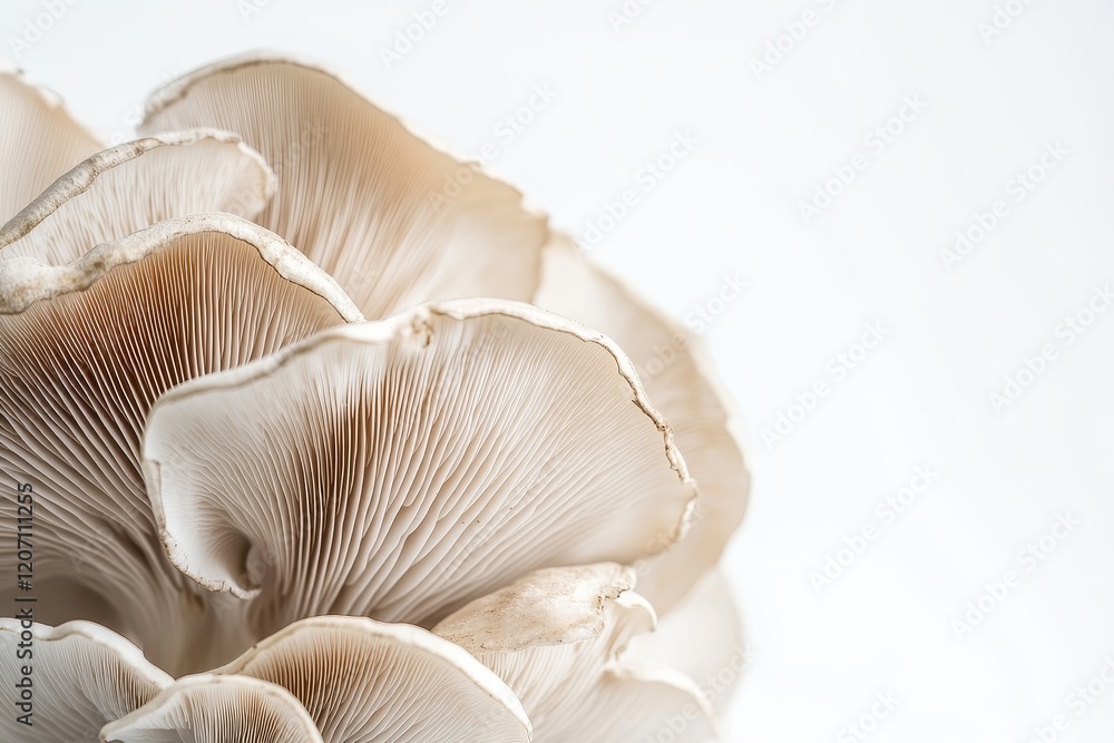 Close-up of oyster mushrooms, showing delicate texture and pale beige color against a bright white background. Close-up of oyster mushrooms, showing delicate texture and pale beige color against a bright white background.