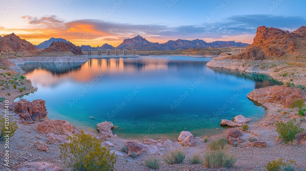 Arizona reservoir sunrise calm waters reflecting mountains Arizona reservoir sunrise calm waters reflecting mountains