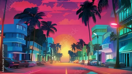 Futuristic miami cityscape illuminated at dusk, with vintage cars driving along a neon lit street flanked by palm trees, creating a lively and nostalgic 1980s ambiance