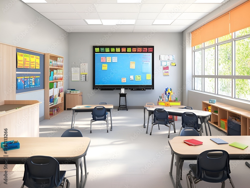 A modern classroom with a smartboard, ergonomic chairs, and neatly arranged desks A modern classroom with a smartboard, ergonomic chairs, and neatly arranged desks
