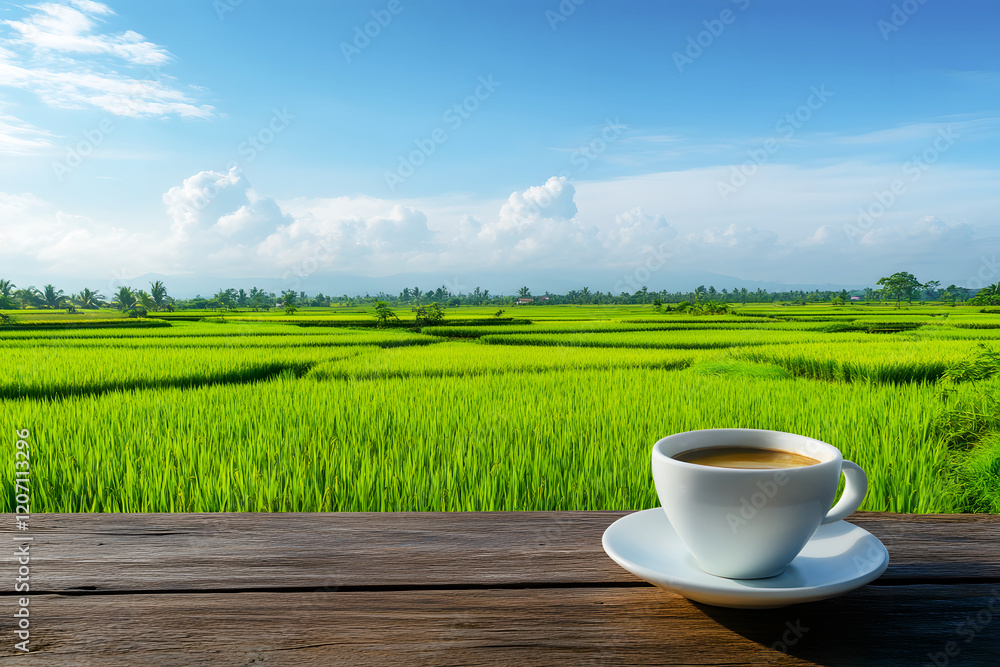 peaceful rural setting with a coffee cup on wooden counter, surrounded by lush green rice fields under blue sky, offering serene and tranquil atmosphere in natural countryside. peaceful rural setting with a coffee cup on wooden counter, surrounded by lush green rice fields under blue sky, offering serene and tranquil atmosphere in natural countryside.