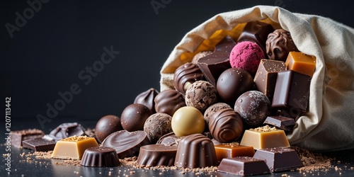 A Beautifully Overflowing Bag of Chocolate Treats Featuring Various Chocolate Types Perfect for Gifts or Celebrations on a Dark Background.