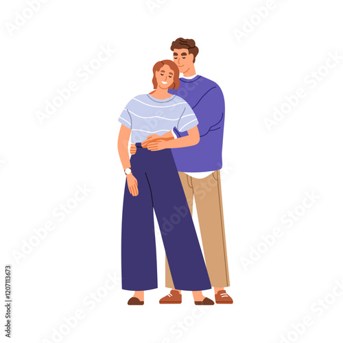 Love couple embracing. Happy young man and woman hugging with affection. Romantic tender relationships. Smiling fonding partners together. Flat vector illustration isolated on white background
