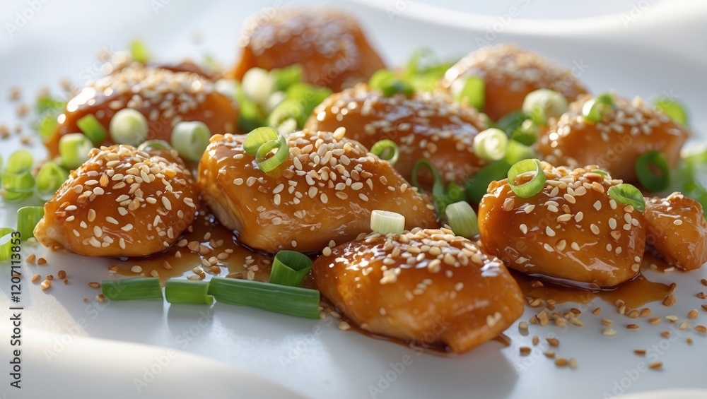Sweet and Savory Glazed Chicken Pieces with Sesame Seeds and Green Onions. Sweet and Savory Glazed Chicken Pieces with Sesame Seeds and Green Onions.