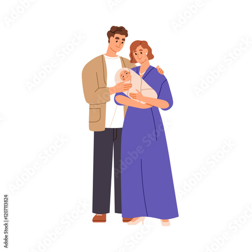 Family with newborn baby. Happy love couple standing, holding infant kid in hands. Mom and dad parents, mother and father caring about child. Flat vector illustration isolated on white background