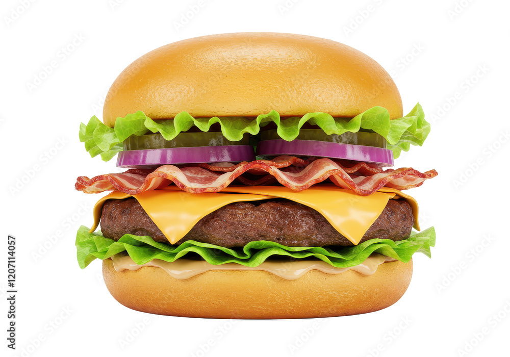 A delicious gourmet burger with layers of lettuce, red onions, melted cheese, crispy bacon, and a juicy patty, sandwiched in a golden bun, isolated on a white background