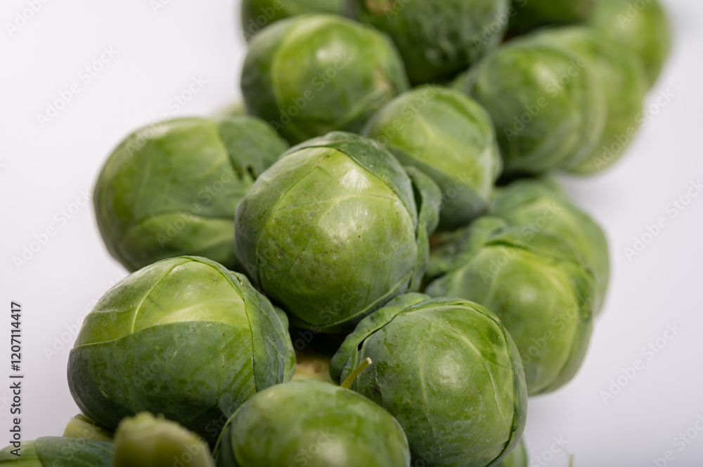 Green brussels sprouts on stalks on white table Green brussels sprouts on stalks on white table