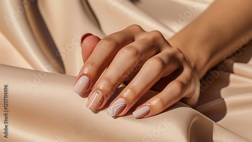 Minimalist Nude Nail Art: Abstract White Lines and Gold Foil Details